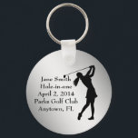 Golf Hole-in-one Commemoration, Customizable Keychain<br><div class="desc">The image shows a female golfer in full swing. The Hole-in-one Commemoration information is a template that is easily customized. This is a gift sure to please any golfer lucky enough to get a hole-in-one.</div>