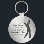 Golf Hole-in-one Commemoration Customizable Keychain<br><div class="desc">The outline of a golfer swing his club is sure to please the golf lover.  The Hole-in-one Commemoration information is a template that is easily customized.   This is a gift sure to please any golfer lucky enough to get a hole-in-one.</div>