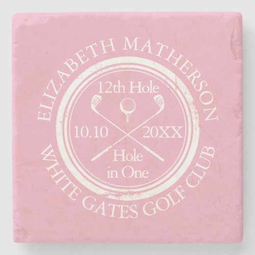 Golf Hole in One Feminine Pink Personalized Stone Coaster