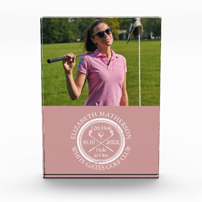 Golf Hole in One Golfer Photo Dusty Rose Pink Acrylic Award (Front)