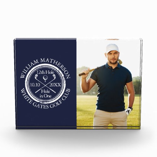 Golf Hole in One Golfer Photo Navy Blue Acrylic Award