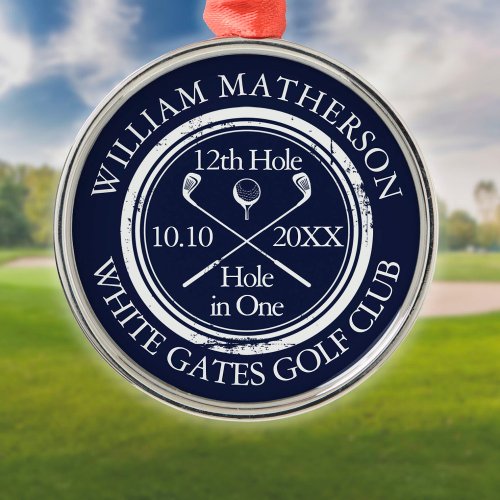 Golf Hole in One Navy Blue Personalized Metal Ornament