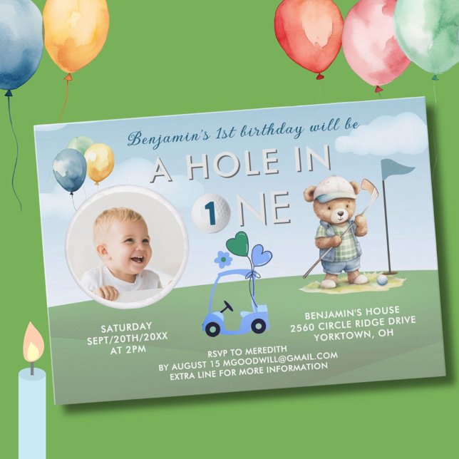 Golf Hole In One Photo Boy First Birthday Par-Tee Invitation (Creator Uploaded)