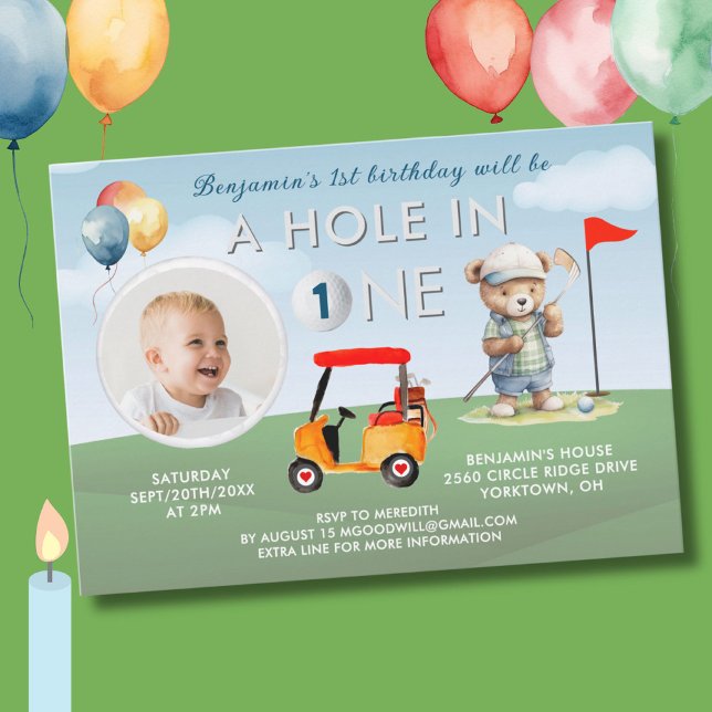 Golf Hole In One Photo Boy First Birthday Par-Tee Invitation (Creator Uploaded)
