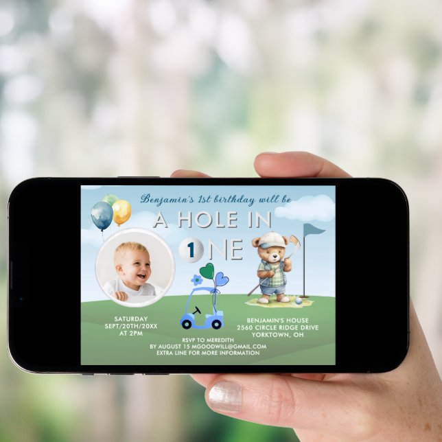 Golf Hole In One Photo Boy First Birthday Par-Tee Invitation (Front Digital)