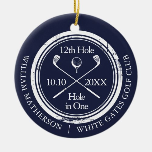 Golf Hole in One Retro Navy Blue Personalized Ceramic Ornament