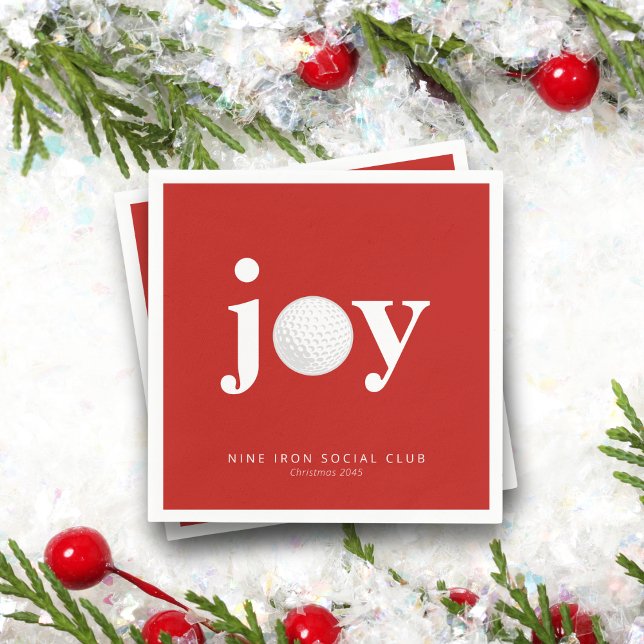 Golf Holiday Joy Personalized Name Typography Red Napkins (Modern “Joy” with golf ball detail. Perfect for country clubs, leagues, or golf buddy parties.)
