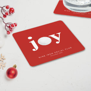 Golf Holiday Joy Personalized Typography Red Square Paper Coaster