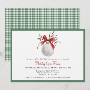Golf Holiday Open House Watercolor Green Plaid Invitation