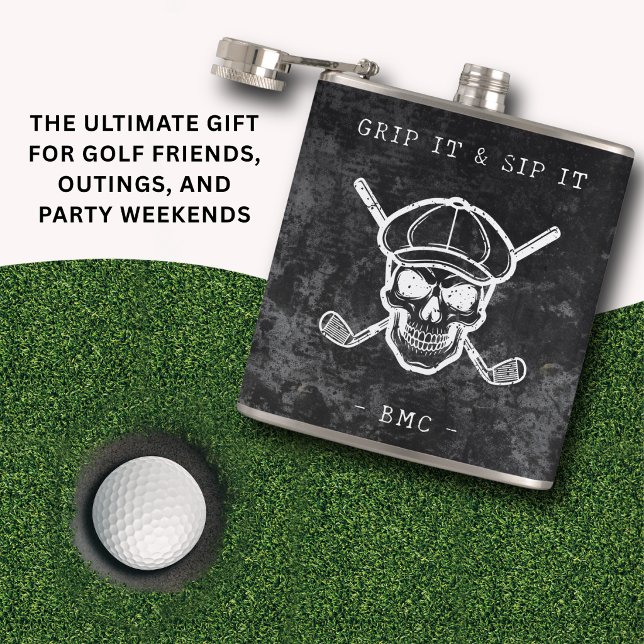  Golf Humor Grip It Sip It Custom Initials Black Flask (Grip it, sip it—golf humor with edge.)