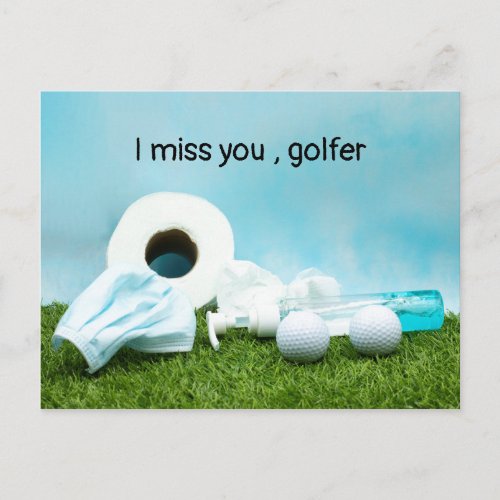Golf I miss you golfer with face mask and hand gel Postcard