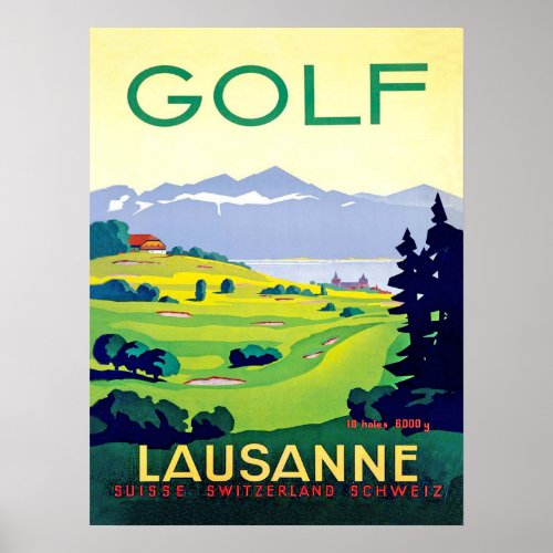 Golf in Lausanne Switzerland Vintage Travel  Poster