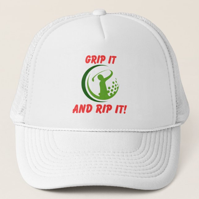 Golf Infusion "Grip It And Rip It!" Golfer Golf Trucker Hat (Front)
