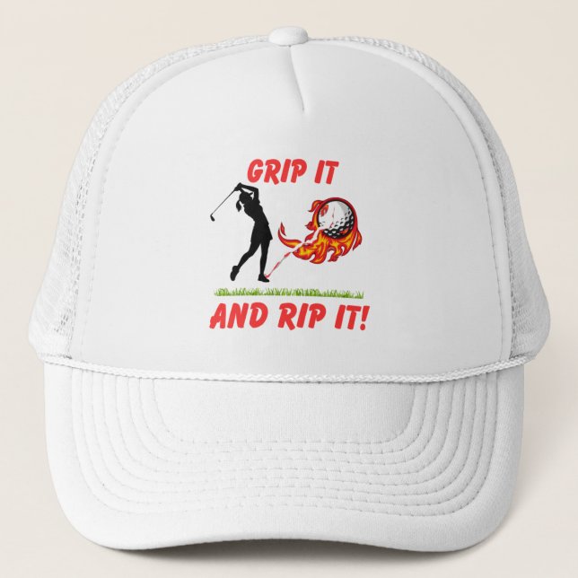Golf Infusion "Grip It And Rip It!" Golfer Golf Trucker Hat (Front)
