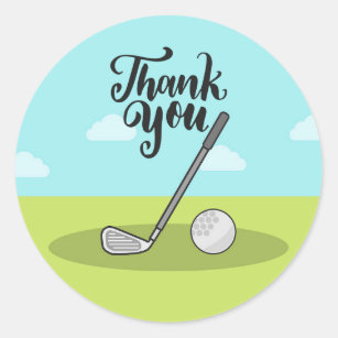 Golf iron and ball on green blue sky background classic round sticker