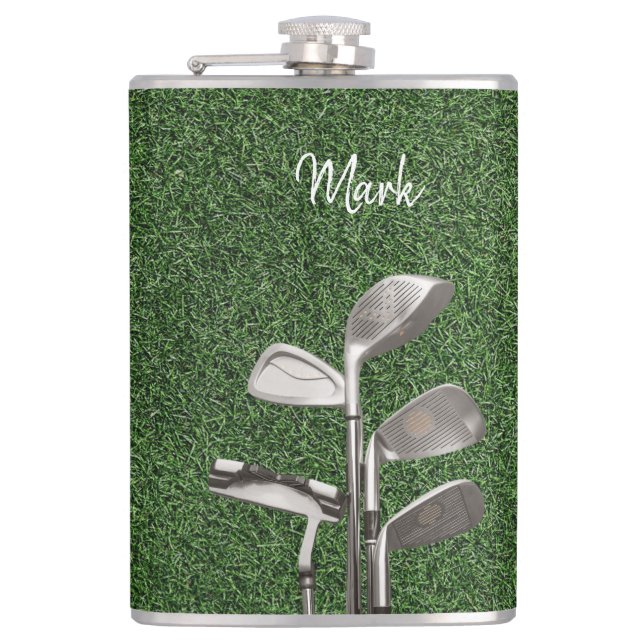 Golf iron on green grass flask (Front)