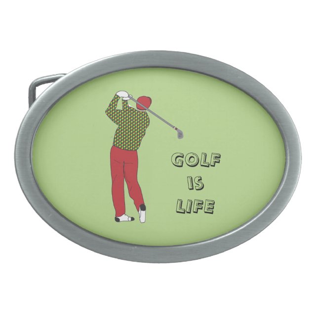 GOLF is LIFE, Golfer, Club, Golf Quote Oval Belt Buckle (Front)