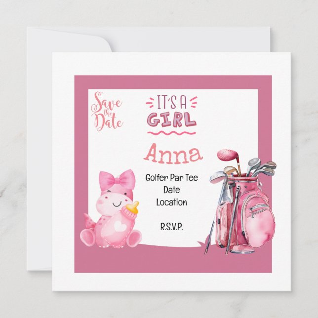 Golf it's girl baby shower pink theme for golfer invitation (Front)