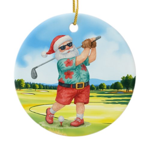 Golf July Christmas with Santa Claus  Golfing Ceramic Ornament