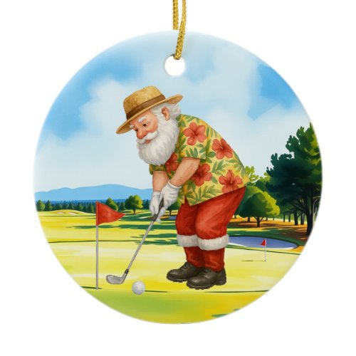 Golf July Christmas with Santa Claus  Golfing Ceramic Ornament