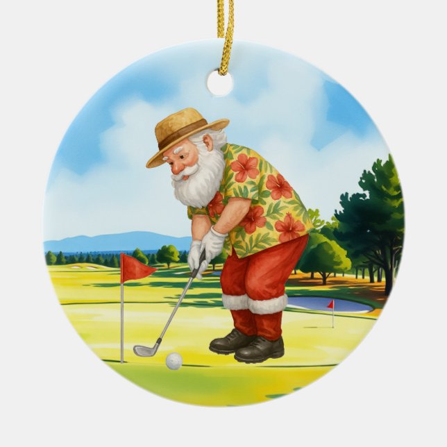 Golf July Christmas with Santa Claus  Golfing Ceramic Ornament (Front)