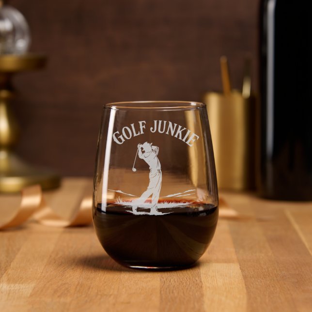 Golf Junkie Golf-Themed Custom Etched Stemless Wine Glass (Party)