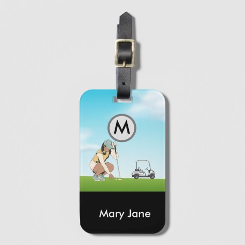 Golf lady golfer at hole with cart Monogram Name Luggage Tag