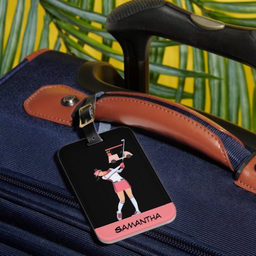 Golf Lady woman is golfing in pink with name   Luggage Tag