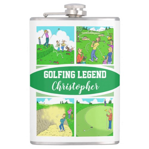 Golf Legend with 4 Funny Cartoons Golf Flask