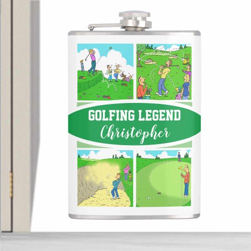 Golf Legend with 4 Funny Cartoons Golf Flask