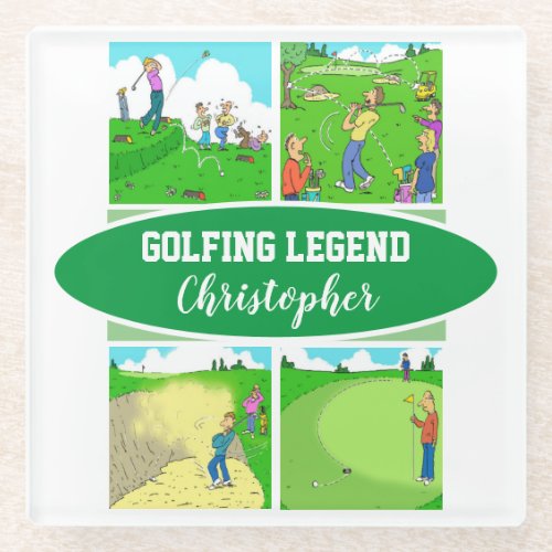Golf Legend with 4 Funny Cartoons Golf Glass Coaster