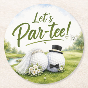 Golf Let’s Par tee Bride & Groom Wedding Round Paper Coaster