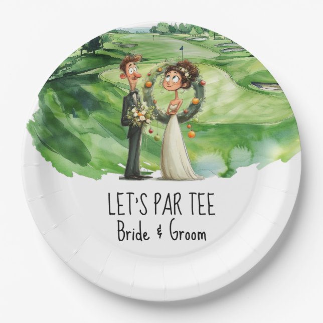 Golf Let’s Par tee with bride & Groom on course Paper Plates (Front)