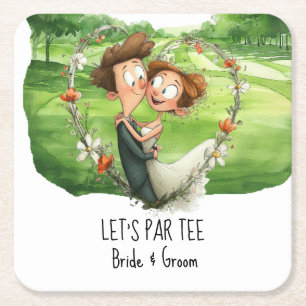 Golf Let’s Par tee with bride & Groom on course Square Paper Coaster