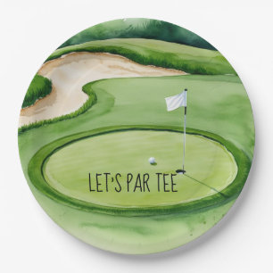 Golf Let’s Par tee with golf flag on green Paper Plates