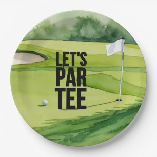Golf Let’s Par tee with golf flag on green Paper Plates