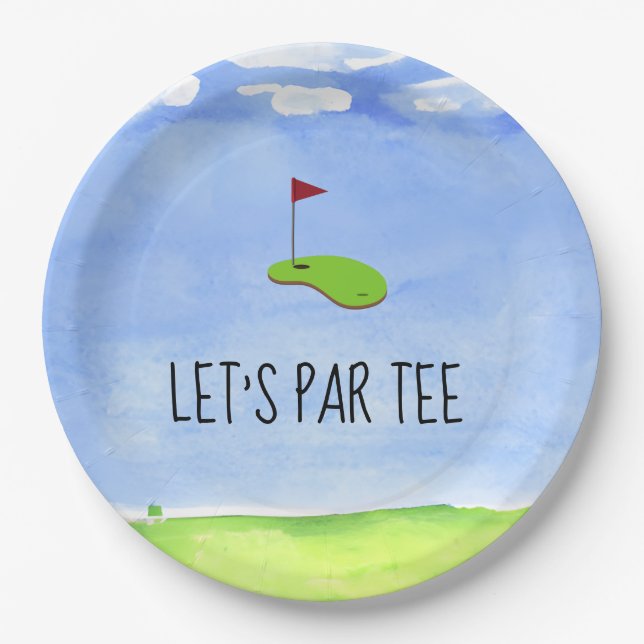 Golf Let’s Par tee with golf flag on Green Party Paper Plates (Front)