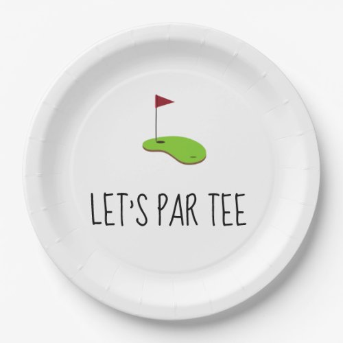 Golf Lets Par tee with golf flag on green white  Paper Plates