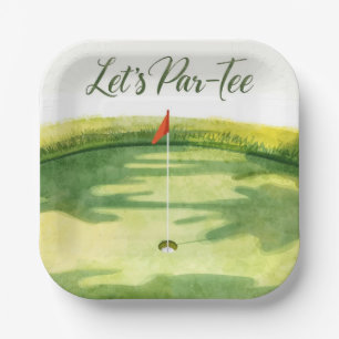 Golf Let’s Par tee with golf flag on green white Paper Plates
