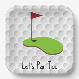Golf Let’s Par tee with golf flag on green white  Paper Plates