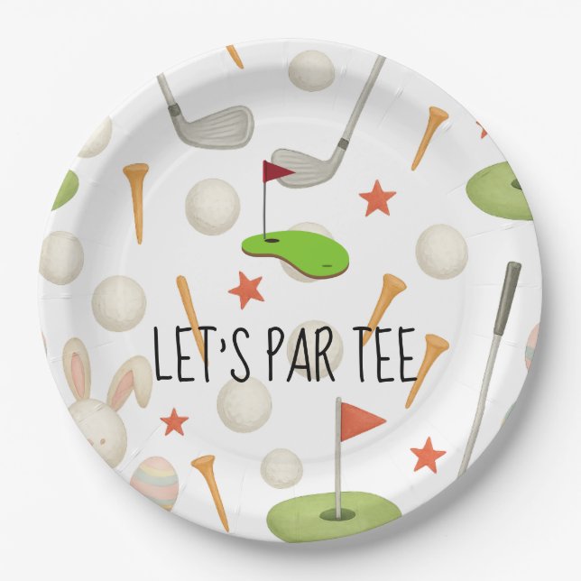 Golf Let’s Par tee with golf flag on green white  Paper Plates (Front)