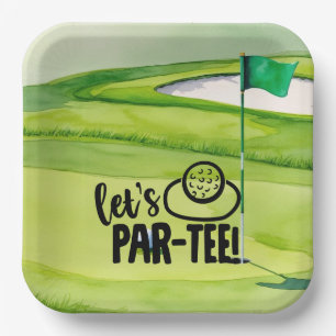 Golf Let’s Par tee with golf flag on green white Paper Plates
