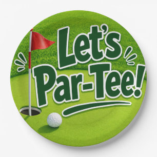 Golf Let’s Par tee with golf flag on green white Paper Plates