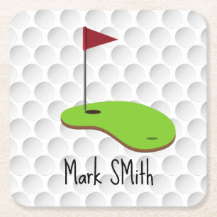Golf Let’s Par tee with golf flag on green white Square Paper Coaster