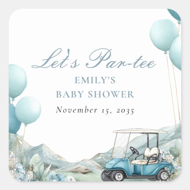 Golf Let's Par-tee Blue Baby Shower Square Sticker (Front)