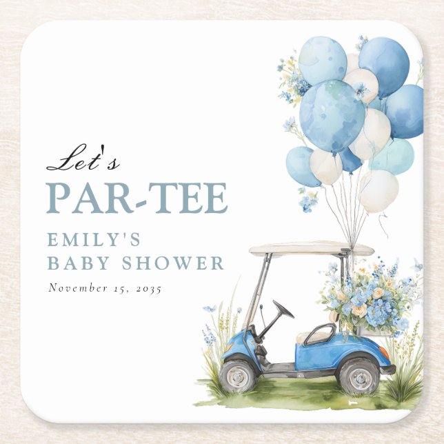 Golf Let's Par-tee Boy Baby Shower Square Paper Coaster (Front)