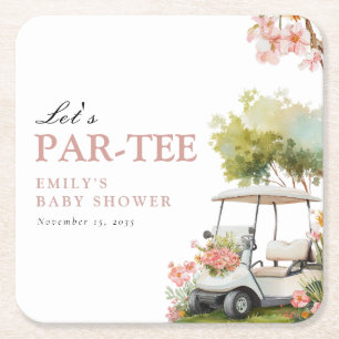 Golf Let's Par-tee Girl Baby Shower Square Paper Coaster