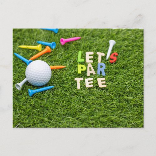 Golf lets par tee with golf ball and tee on green postcard