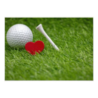 Golf love heart and tee on green grass invitation