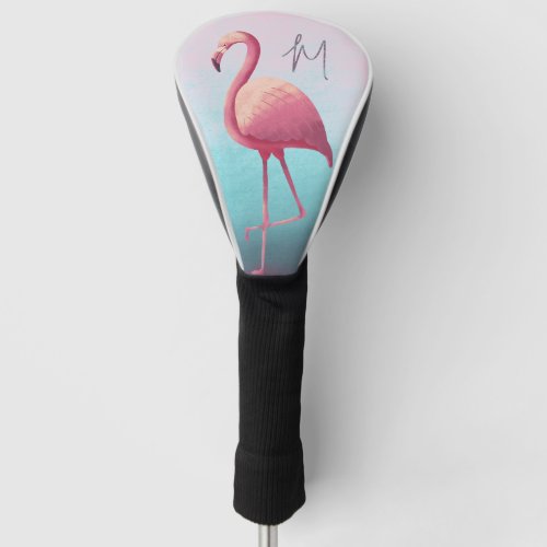 Golf Lover Flamingo Pink Blue  Elegant Monogram  Golf Head Cover